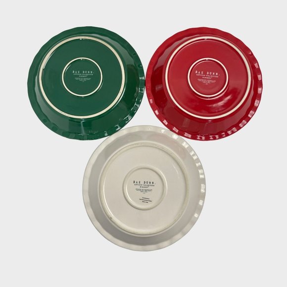 Rae Dunn Jingle Bells Tie the Season Cheer Ceramic Holiday Pie Plate Set of 3 - Picture 2 of 9